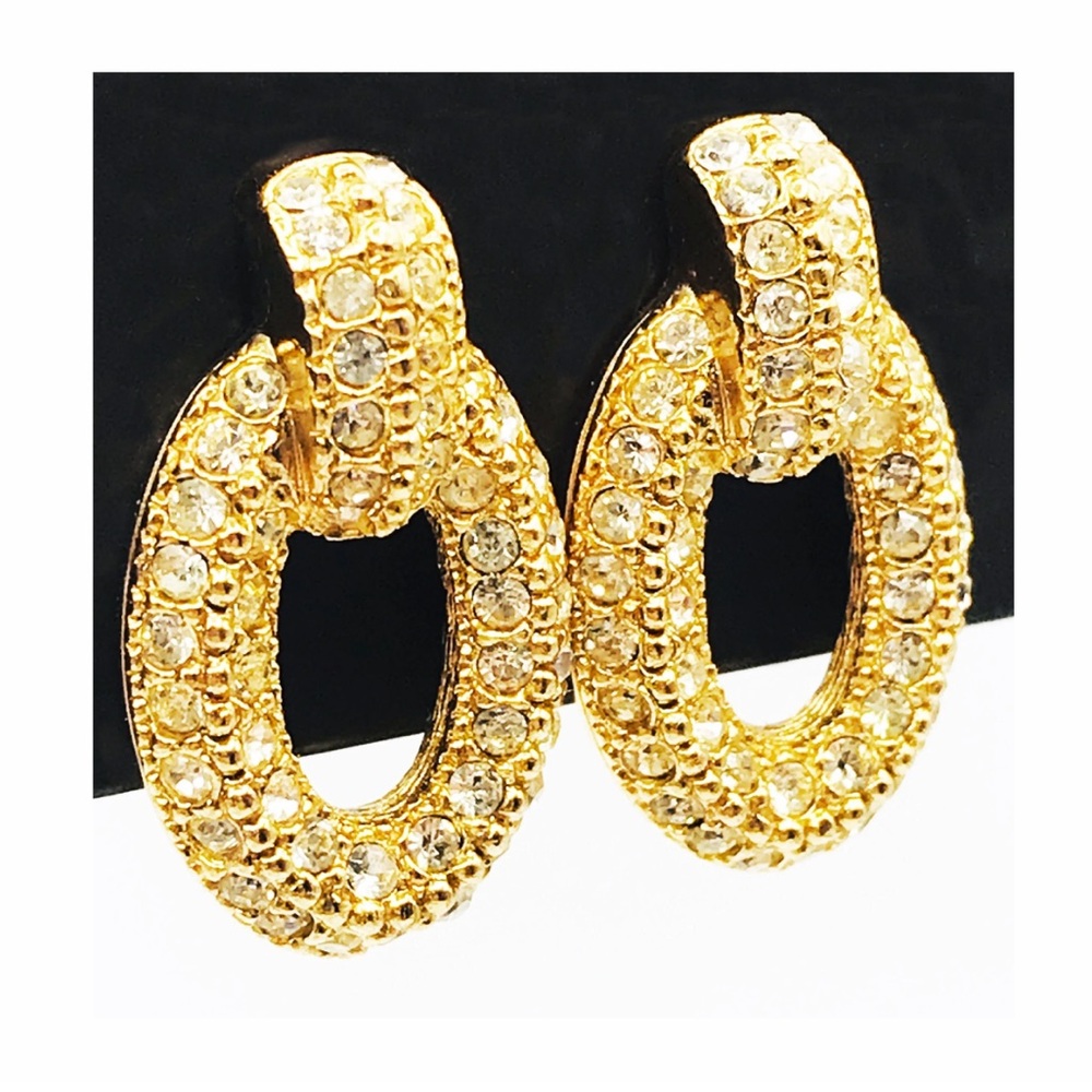 Vintage Christian Dior Signed Crystal Posts Oval Earrings 70's RARE